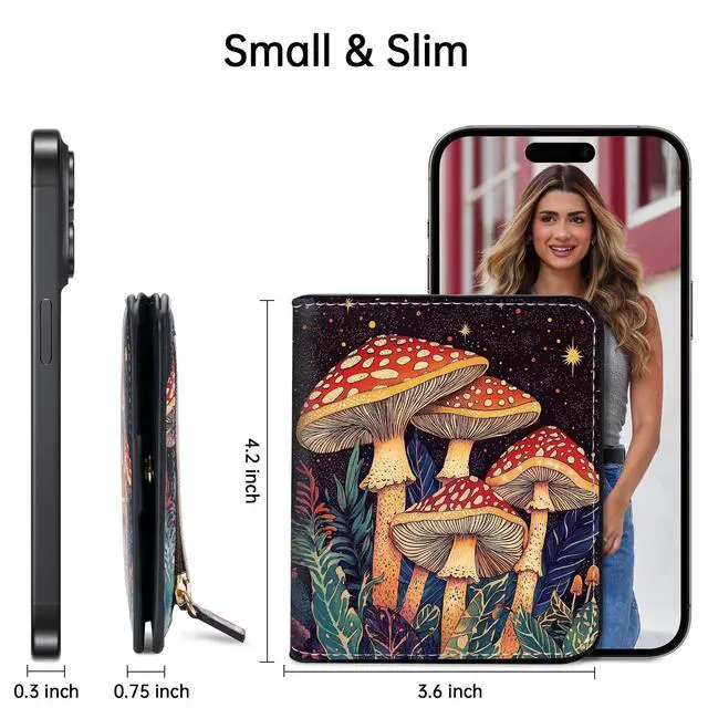 Alt view image 3 of 7 - Mushroom Night RFID Small Wallet Women, Slim Thin Vegan Leather Bifold Wallet with Zipper Coin Pocket & ID Window, Cute Mini Credit Card Holder Gift for Women Ladies Teen Girls