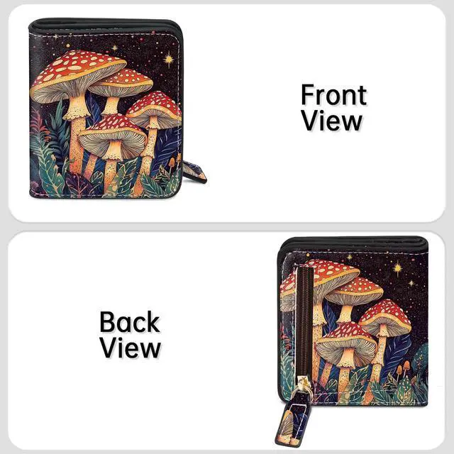 Alt view image 5 of 7 - Mushroom Night RFID Small Wallet Women, Slim Thin Vegan Leather Bifold Wallet with Zipper Coin Pocket & ID Window, Cute Mini Credit Card Holder Gift for Women Ladies Teen Girls