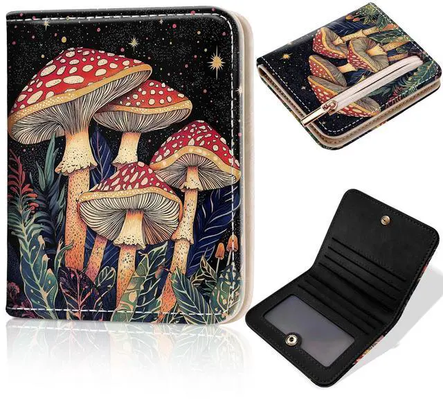 Main image of Mushroom Night RFID Small Wallet Women, Slim Thin Vegan Leather Bifold Wallet with Zipper Coin Pocket & ID Window, Cute Mini Credit Card Holder Gift for Women Ladies Teen Girls