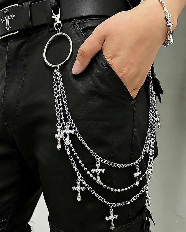 Alt view image 2 of 6 - Pants Pocket Chain for Men Women: Jean Purse Wallet Chain Belt Punk Goth Streetwear Emo Y2K Rockstar Accessory - Silver Cross