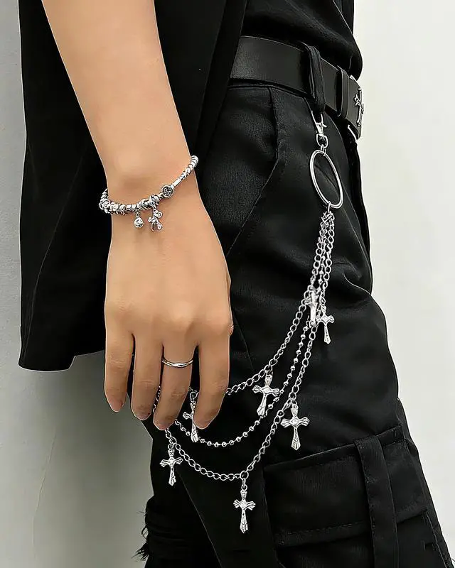 Alt view image 4 of 6 - Pants Pocket Chain for Men Women: Jean Purse Wallet Chain Belt Punk Goth Streetwear Emo Y2K Rockstar Accessory - Silver Cross