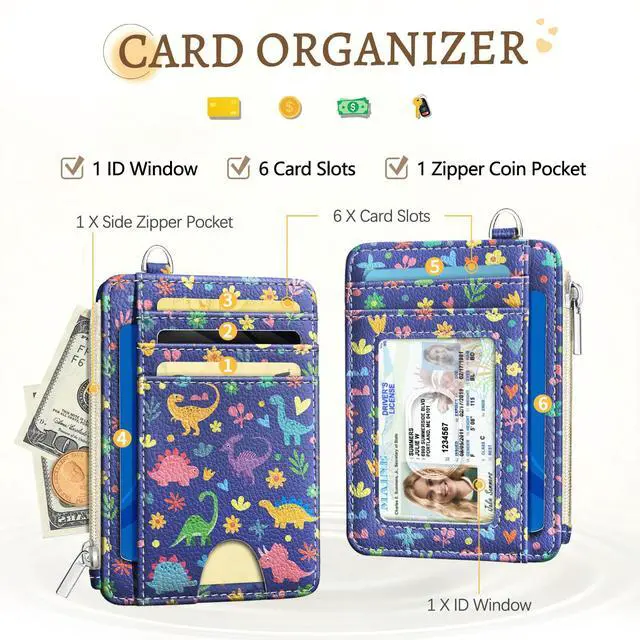 Alt view image 3 of 7 - Cute Dinosaur Credit Card Holder, Small Wallet Women, Slim RFID