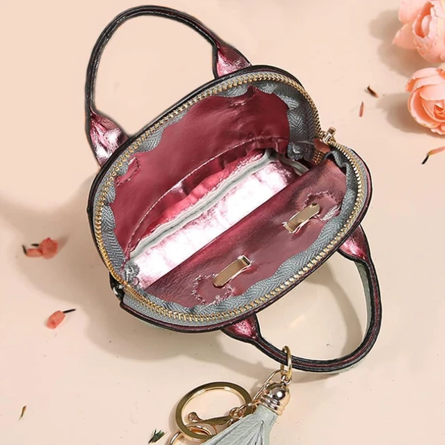 Alt view image 6 of 7 - Mini Bag Keychain Tote Cute Leather Coin Pouch Bag Creative Wallet Key Chain Bag for Women Girls Purse Handbag Decor Mini Makeup Bag Zipper Coin Purse Christmas Gift (Black)