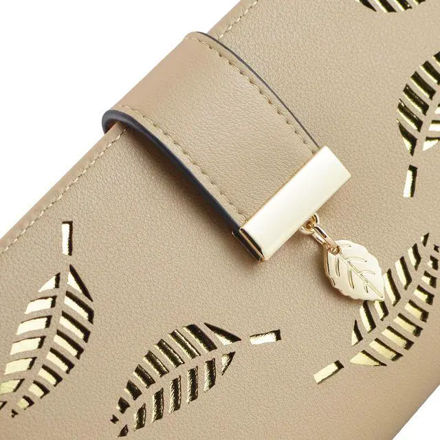 Alt view image 3 of 6 - Women's Wallet Women Credit Card Holder Hollow Leaf Pattern Bifold Leather Lady Long Wallet Purse Zip Birthday Xmas Gifts for Women Girls(Khaki)