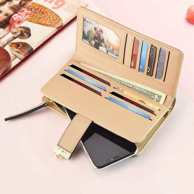Alt view image 5 of 6 - Women's Wallet Women Credit Card Holder Hollow Leaf Pattern Bifold Leather Lady Long Wallet Purse Zip Birthday Xmas Gifts for Women Girls(Khaki)