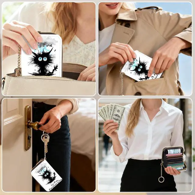 Alt view image 5 of 6 - Credit Card Holder for Women,Small Rfid Wallet with Keychain Zipper,Cute PU Leather Card Case WalletAccordion Credit Card Wallets Gift,Cat Struck by Lightning