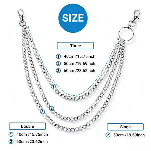 Alt view image 2 of 5 - 2-Layer Pocket Chain for Jeans Punk Biker Wallet Chain Metal Pants Chain with Lobster Clasps, Streetwear Hip Hop Accessories for Eboy Egirl Men Women