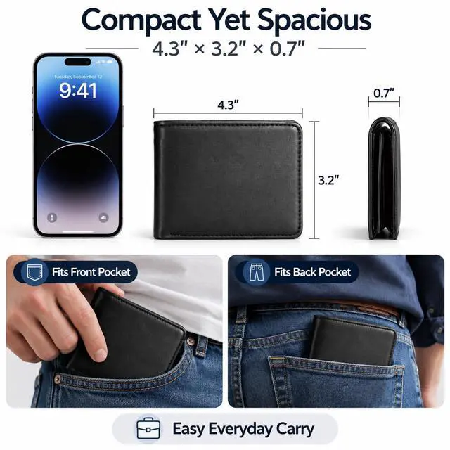 Alt view image 3 of 7 - Wallet For Men Bifold Black RFID Blocking Slim Faux Leather Wallets Card Holder Front Pocket Minimalist Men Accessories With Gift Box