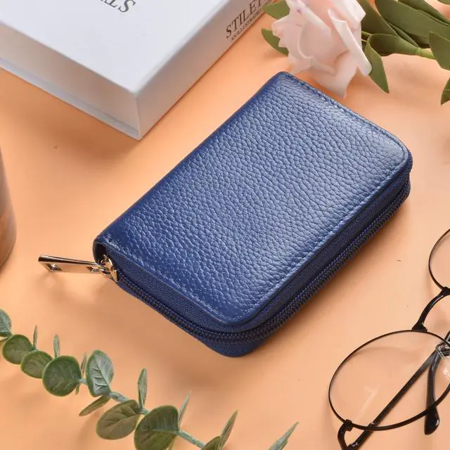 Alt view image 2 of 7 - Genuine Leather Credit Card Holder Zipper Wallet With 26 Card Slots (Blue)