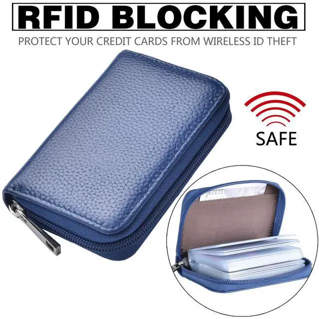 Alt view image 5 of 7 - Genuine Leather Credit Card Holder Zipper Wallet With 26 Card Slots (Blue)