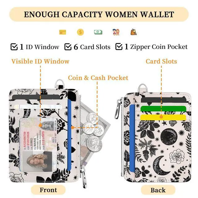 Alt view image 3 of 7 - Goth Moon Floral Slim Wallet Women Credit Card Holder RFID Small