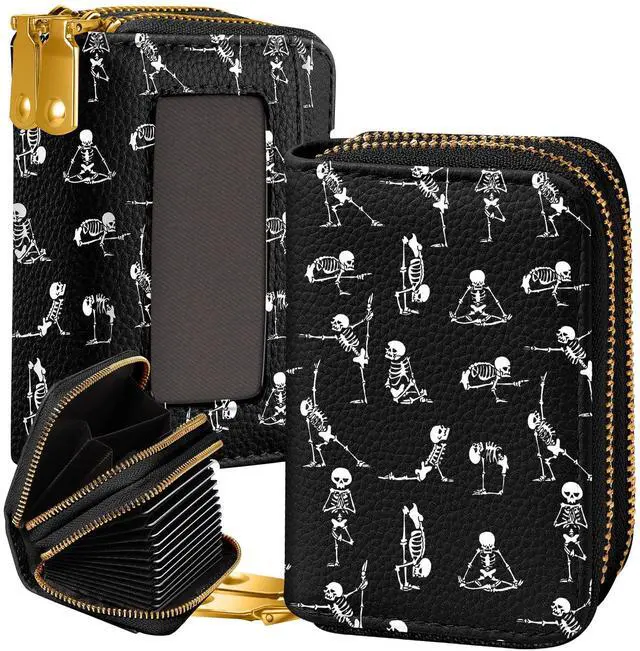 Main image of Credit Card Holder for Women - RFID Women Wallet Leather Card Wallet for Ladies Girls Female Aesthetic Cute Wallet with Card Slots Coin Cash Zipper Purse & ID Window, Yoga Skull