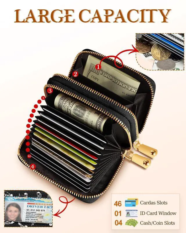 Alt view image 3 of 6 - Credit Card Holder for Women - RFID Women Wallet Leather Card Wallet for Ladies Girls Female Aesthetic Cute Wallet with Card Slots Coin Cash Zipper Purse & ID Window, Yoga Skull