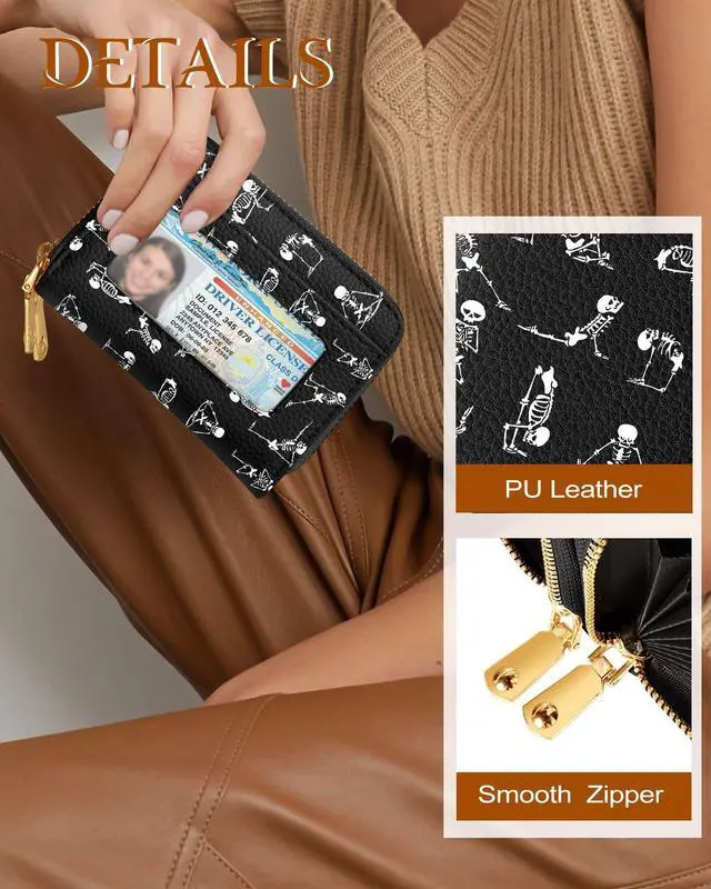 Alt view image 4 of 6 - Credit Card Holder for Women - RFID Women Wallet Leather Card Wallet for Ladies Girls Female Aesthetic Cute Wallet with Card Slots Coin Cash Zipper Purse & ID Window, Yoga Skull