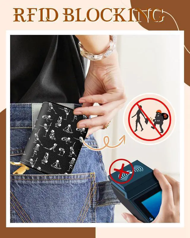 Alt view image 5 of 6 - Credit Card Holder for Women - RFID Women Wallet Leather Card Wallet for Ladies Girls Female Aesthetic Cute Wallet with Card Slots Coin Cash Zipper Purse & ID Window, Yoga Skull