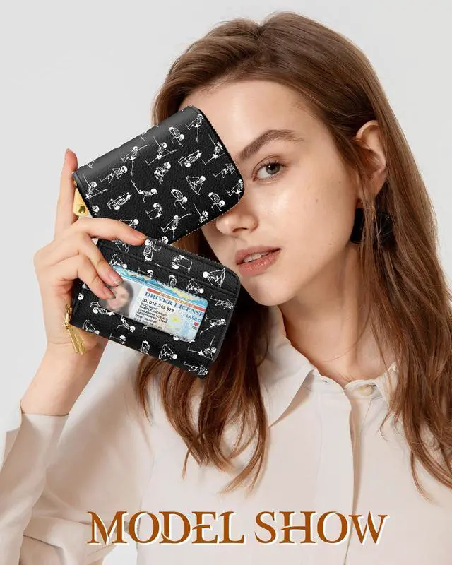 Alt view image 6 of 6 - Credit Card Holder for Women - RFID Women Wallet Leather Card Wallet for Ladies Girls Female Aesthetic Cute Wallet with Card Slots Coin Cash Zipper Purse & ID Window, Yoga Skull