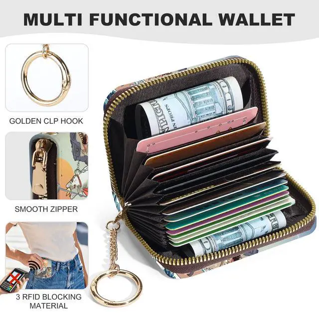 Alt view image 2 of 6 - Credit Card Holder for Women,Small Rfid Wallet with Keychain Zipper,Cute PU Leather Card Case WalletAccordion Credit Card Wallets Gift,Cats and Dinosaurs
