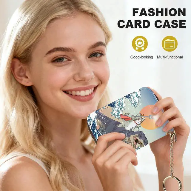 Alt view image 6 of 6 - Credit Card Holder for Women,Small Rfid Wallet with Keychain Zipper,Cute PU Leather Card Case WalletAccordion Credit Card Wallets Gift,Cats and Dinosaurs