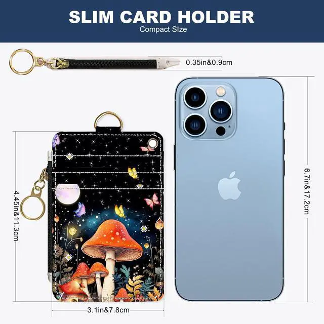 Alt view image 2 of 6 - Slim Wallet Credit Card Holder, Colored Mushroom, RFID Wallet Women Cute Small Front Pocket Wallet With Zipper, PU Leather Thin travel RFID Blocking Card Case ID Window,Ladies Gifts