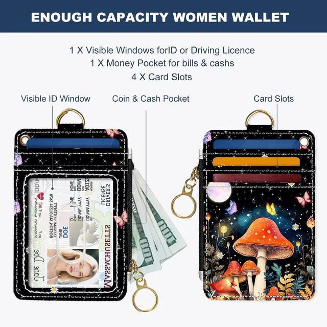 Alt view image 3 of 6 - Slim Wallet Credit Card Holder, Colored Mushroom, RFID Wallet Women Cute Small Front Pocket Wallet With Zipper, PU Leather Thin travel RFID Blocking Card Case ID Window,Ladies Gifts
