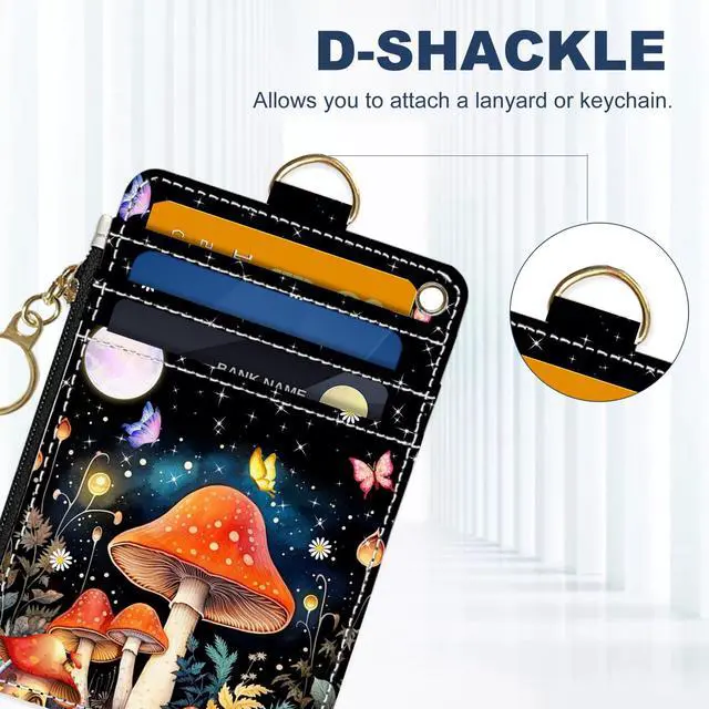 Alt view image 6 of 6 - Slim Wallet Credit Card Holder, Colored Mushroom, RFID Wallet Women Cute Small Front Pocket Wallet With Zipper, PU Leather Thin travel RFID Blocking Card Case ID Window,Ladies Gifts