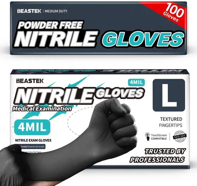 Main image of Black Nitrile Exam Gloves, 4Mil Powder-Free Food Prep Disposable L