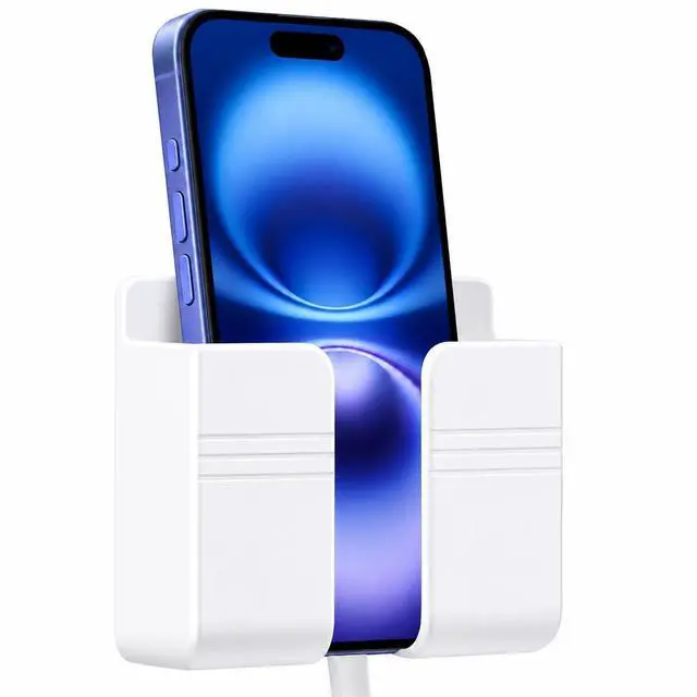 Main image of Wall Mount Phone Holder, Phone Stand with Adhesive for Home Bathroom Bedroom Kitchen RV Boat Accessories Charging Cable Holder Fits iPhone, Android Smartphones and TV Remote Controls (White)