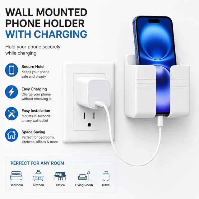 Alt view image 2 of 7 - Wall Mount Phone Holder, Phone Stand with Adhesive for Home Bathroom Bedroom Kitchen RV Boat Accessories Charging Cable Holder Fits iPhone, Android Smartphones and TV Remote Controls (White)