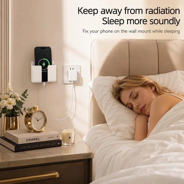 Alt view image 3 of 7 - Wall Mount Phone Holder, Phone Stand with Adhesive for Home Bathroom Bedroom Kitchen RV Boat Accessories Charging Cable Holder Fits iPhone, Android Smartphones and TV Remote Controls (White)