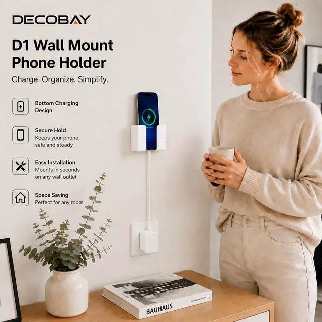 Alt view image 5 of 7 - Wall Mount Phone Holder, Phone Stand with Adhesive for Home Bathroom Bedroom Kitchen RV Boat Accessories Charging Cable Holder Fits iPhone, Android Smartphones and TV Remote Controls (White)
