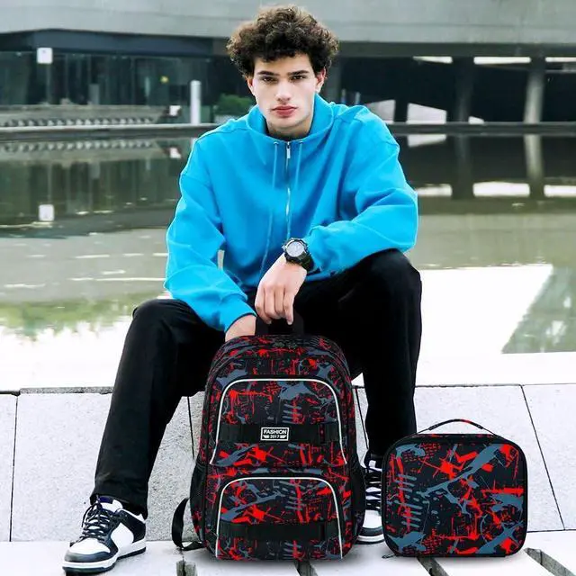 Alt view image 2 of 5 - FTJCF 3Pcs Backpack for Boys Men, 17 Inches College Laptop Backpacks with Lunch Bag, Water Resistant Graffiti School Bookbag Set for Teens Students(Red)