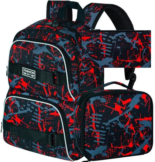 Main image of FTJCF 3Pcs Backpack for Boys Men, 17 Inches College Laptop Backpacks with Lunch Bag, Water Resistant Graffiti School Bookbag Set for Teens Students(Red)