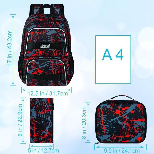 Alt view image 4 of 5 - FTJCF 3Pcs Backpack for Boys Men, 17 Inches College Laptop Backpacks with Lunch Bag, Water Resistant Graffiti School Bookbag Set for Teens Students(Red)