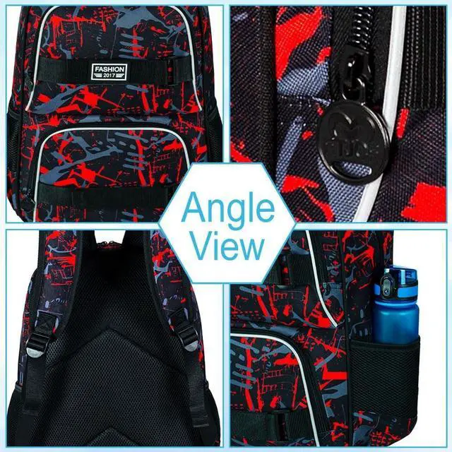 Alt view image 5 of 5 - FTJCF 3Pcs Backpack for Boys Men, 17 Inches College Laptop Backpacks with Lunch Bag, Water Resistant Graffiti School Bookbag Set for Teens Students(Red)