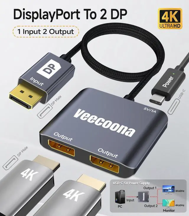 Alt view image 2 of 5 - DisplayPort to Dual DisplayPort Splitter 1 in 2 Out ^^ 4K60Hz, DP Source to DP Splitter Extended Display port splitter for Dual monitors, for Desktop,NVIDIA, AMD Graphics Card - MACOS Not Support MS