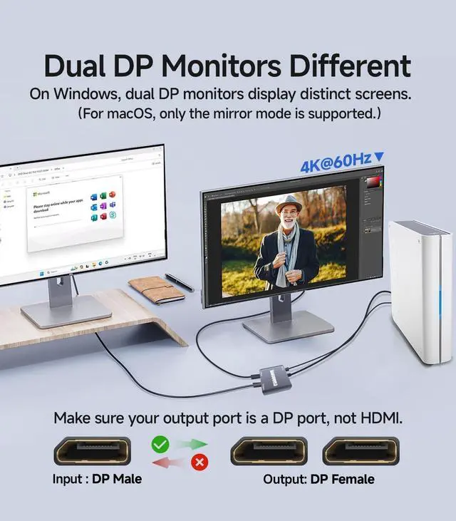 Alt view image 4 of 5 - DisplayPort to Dual DisplayPort Splitter 1 in 2 Out ^^ 4K60Hz, DP Source to DP Splitter Extended Display port splitter for Dual monitors, for Desktop,NVIDIA, AMD Graphics Card - MACOS Not Support MS