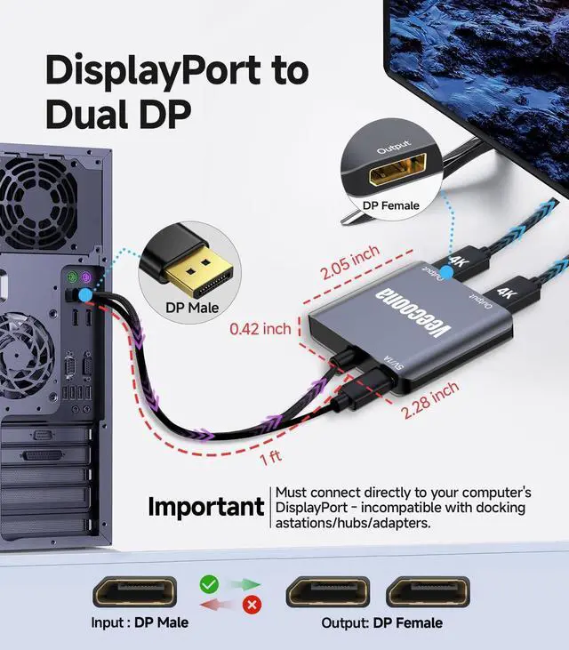 Alt view image 5 of 5 - DisplayPort to Dual DisplayPort Splitter 1 in 2 Out ^^ 4K60Hz, DP Source to DP Splitter Extended Display port splitter for Dual monitors, for Desktop,NVIDIA, AMD Graphics Card - MACOS Not Support MS