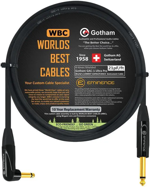 Main image of 6 Foot - Gotham GAC-1 Ultra Pro - Premium, Low-Capacitance Guitar Bass Instrument Cable - with Straight to Angled 1/4 Inch Eminence Gold Plated Connectors