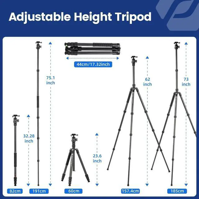 Alt view image 3 of 5 - Fotopro 73"/185cm Carbon Fiber Travel Tripod for Camera, 360 Panorama Ball Head, Arca Quick Release Plate, Portable Bag, Compact Travel Tripod Monopod for DSLR Camera Camcorder, Load up to 22lbs/10kg