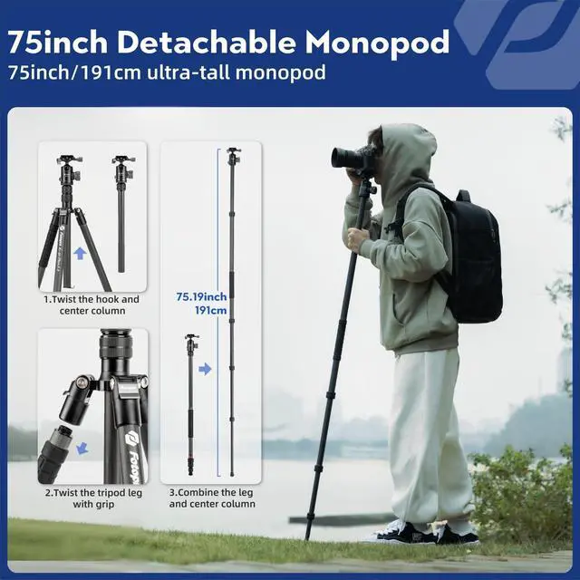 Alt view image 4 of 5 - Fotopro 73"/185cm Carbon Fiber Travel Tripod for Camera, 360 Panorama Ball Head, Arca Quick Release Plate, Portable Bag, Compact Travel Tripod Monopod for DSLR Camera Camcorder, Load up to 22lbs/10kg