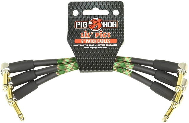 Main image of Pig Hog PHLIL6CF Lil' Pigs Right-Angle 1/4" Vintage Camoflauge Instrument Patch Cables, 6" (3 Pack)