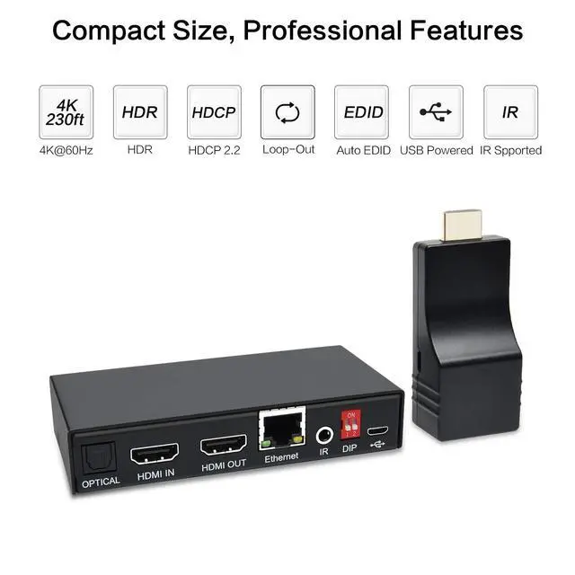 Alt view image 2 of 5 - DDMALL 4K HDMI Extender Over CAT5e/6/7 Cable with IR Remote, Up to 230ft/70m at 4K@60Hz, Supports Loop Out, HDR, HDCP 2.2/1.4, EDID, HDMI 2.0, SPDIF and Analog Audio, Transmitter and Receiver(HE-35IR)