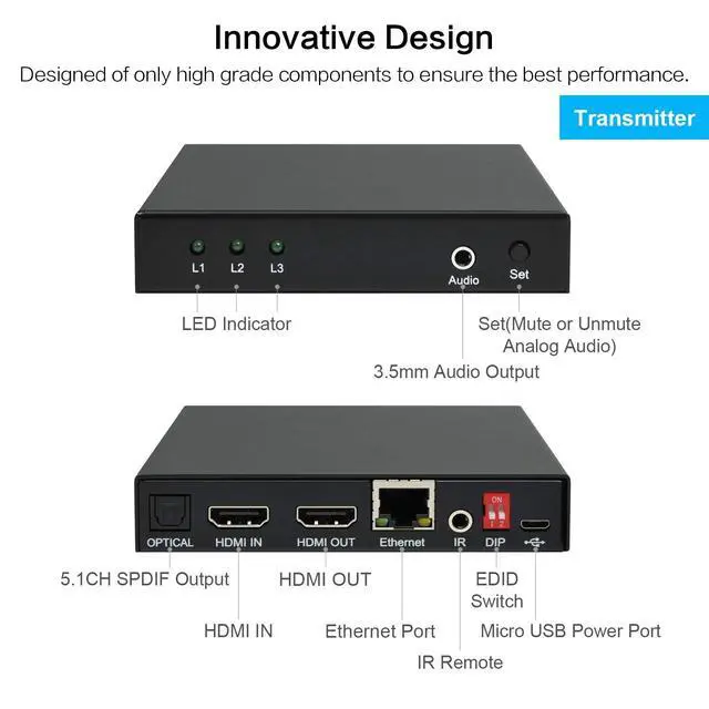 Alt view image 5 of 5 - DDMALL 4K HDMI Extender Over CAT5e/6/7 Cable with IR Remote, Up to 230ft/70m at 4K@60Hz, Supports Loop Out, HDR, HDCP 2.2/1.4, EDID, HDMI 2.0, SPDIF and Analog Audio, Transmitter and Receiver(HE-35IR)