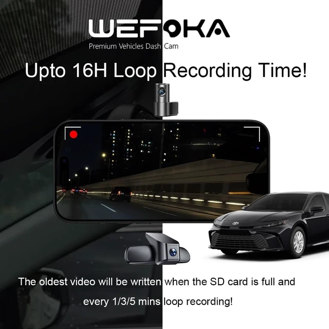 Alt view image 5 of 5 - WEFOKA 4K Dash Cam Suitable for Toyota Camry 2025-2026 LE SE XLE XSE Nightshade (HD2-06090), OEM Factory Look, UHD 2160P Video, Built-in WiFi & APP, Loop Recording, G-Sensor, Plug & Play, 128GB Card