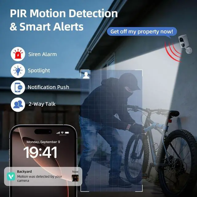 Alt view image 5 of 5 - Security Cameras Wireless Outdoor 355 Pan Rotating 2K Color Night Vision Cameras for Home Security WiFi Battery Outdoor Camera Motion Detection 2-Way Talk IP65 Spotlight Siren SD/Cloud Storage