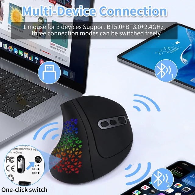 Alt view image 2 of 5 - Wireless Mouse Ergonomic Right Handed Vertical Mouse with LED Light 7 Buttons 2.4GHz & Bluetooth Dual Mode Portable Rechargeable Silent Computer Mice for Laptop PC Desktop Macbook Adults Gifts(
