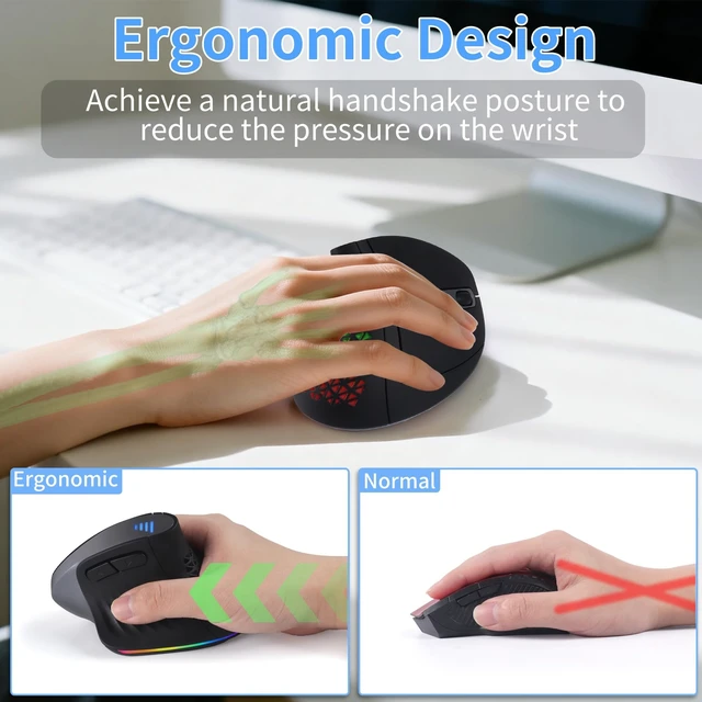 Alt view image 3 of 5 - Wireless Mouse Ergonomic Right Handed Vertical Mouse with LED Light 7 Buttons 2.4GHz & Bluetooth Dual Mode Portable Rechargeable Silent Computer Mice for Laptop PC Desktop Macbook Adults Gifts(