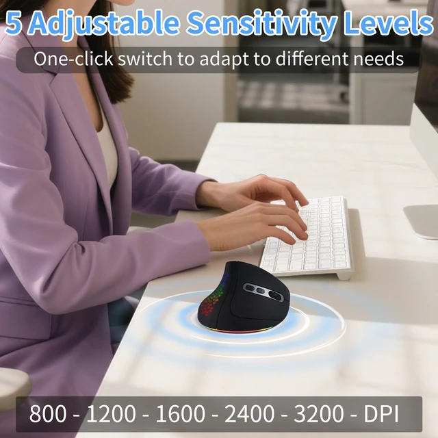 Alt view image 4 of 5 - Wireless Mouse Ergonomic Right Handed Vertical Mouse with LED Light 7 Buttons 2.4GHz & Bluetooth Dual Mode Portable Rechargeable Silent Computer Mice for Laptop PC Desktop Macbook Adults Gifts(