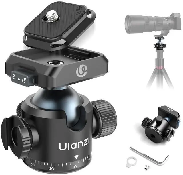 Main image of Ulanzi T100 Ball Head, Tripod Ball Head Mount 1/4 & 3/8 inch with Uka Quick Release Plate & Cold Shoe, 360 Rotating Panoramic Ball Head for DSLR Camera,Tripod,Monopod,Slider,Camcorder, 13lbs/6kg Load