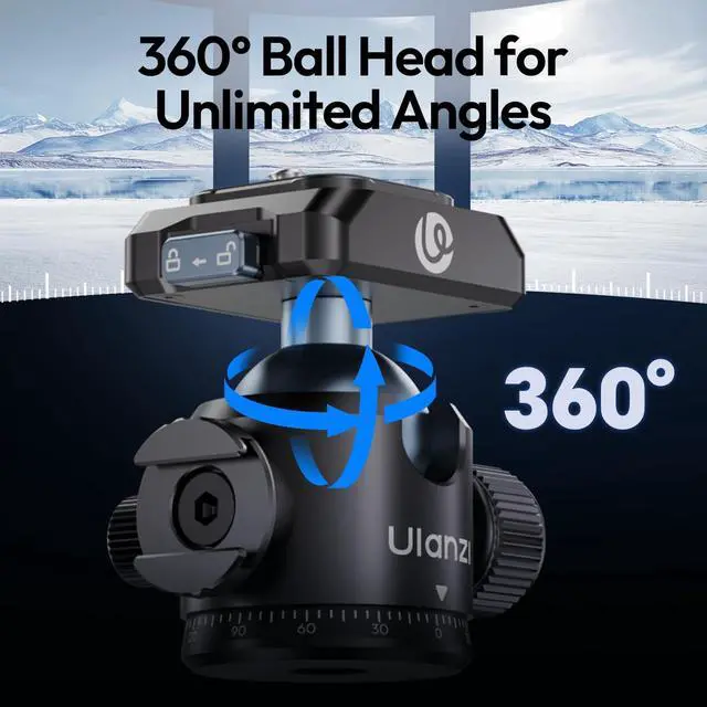 Alt view image 4 of 5 - Ulanzi T100 Ball Head, Tripod Ball Head Mount 1/4 & 3/8 inch with Uka Quick Release Plate & Cold Shoe, 360 Rotating Panoramic Ball Head for DSLR Camera,Tripod,Monopod,Slider,Camcorder, 13lbs/6kg Load
